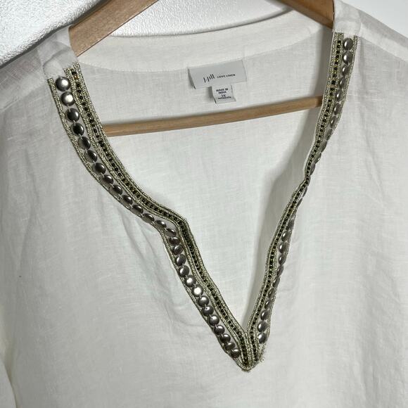 J. Jill Love Linen Womens Pullover Blouse 2X White Embellished V Neck Coastal - Picture 5 of 10